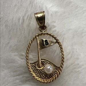 14k Gold - Vintage Circa 18th Hole Golf  Pendant Necklace with Pearl Accent